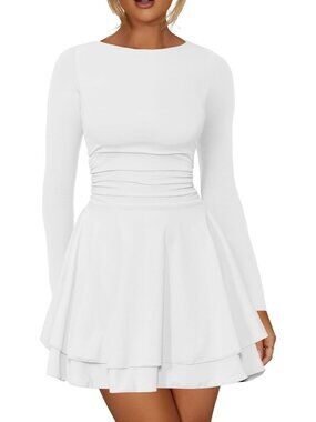 Women's Mini Dress White Neck Long Sleeve A link Bodycon Pull Over Classic